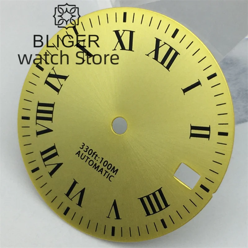 BLIGER-esfera de oro de 29mm para NH35 NH36, esfera negra, índice romano, verde, movimiento, ajuste de corona de 3 en punto, corona de 3,8 en punto