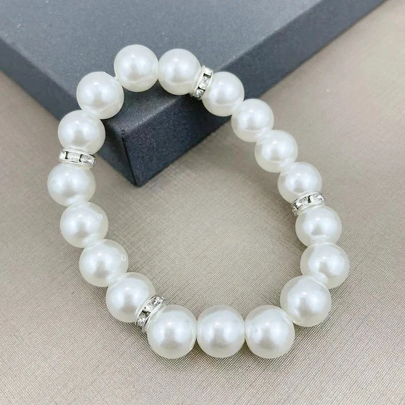 2 rupee item 10mm white pearl strand bracelet unisex easy pearl elastic bracelet silver plated pearl set auger bracelet