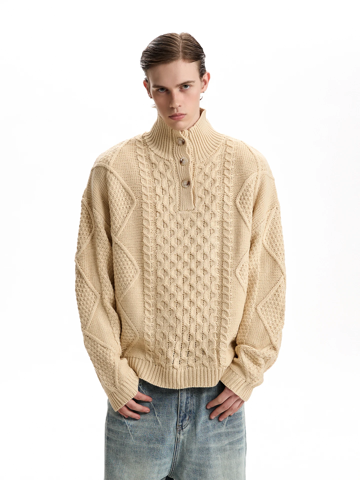 

Тяжелый вязаный свитер с воротником-стойкой в стиле ретро, ленивый свитер High End Feeling Long Sve, уличная одежда из мягкого полиэфирного волокна