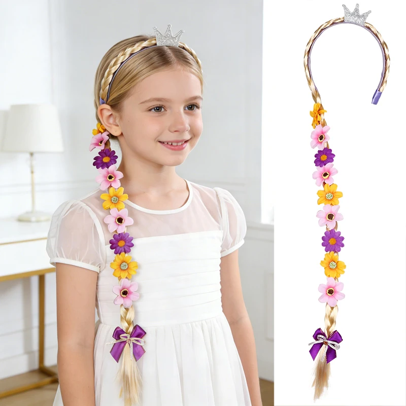 

1Pc Princess Wig Headband KidCrown Braid Flower Bow Long Haired Princess Cosplay Costume Accessories Birthday Party Decor