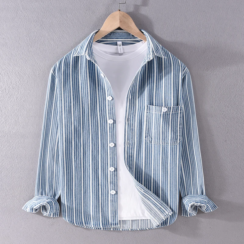 

New French Designer Quality Striped Thick Denim Shirt Men Brand Cotton Long-sleeve Casual Fashion Top Clothes Camisa Masculina