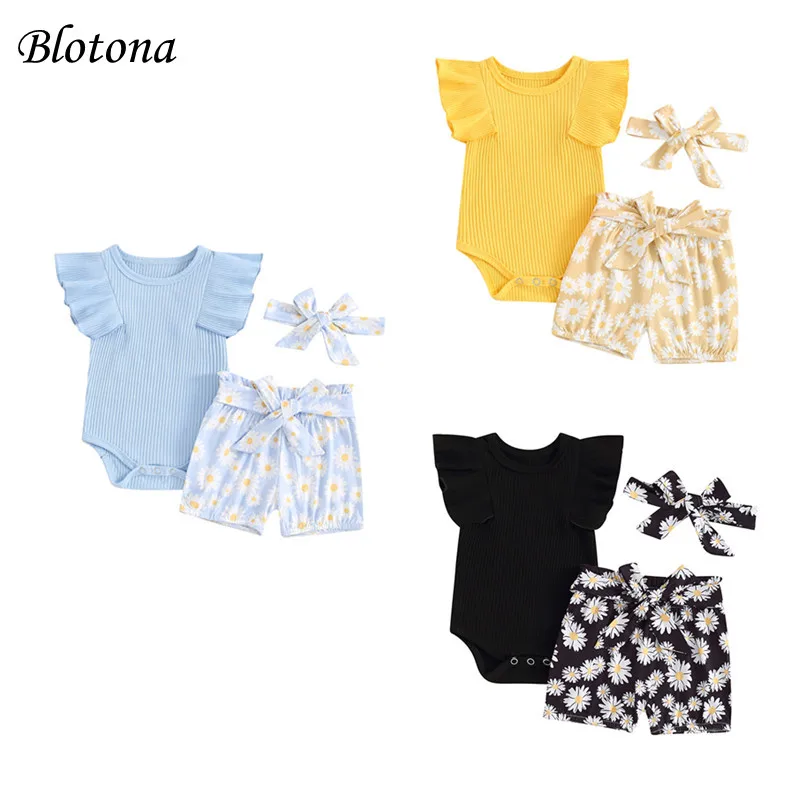 

Blotona Baby Girl 3Pcs Set, Fly Sleeve Ribbed Romper + Daisy Print Shorts with Fixed Belt +Headband Toddler Summer Outfits 0-18M