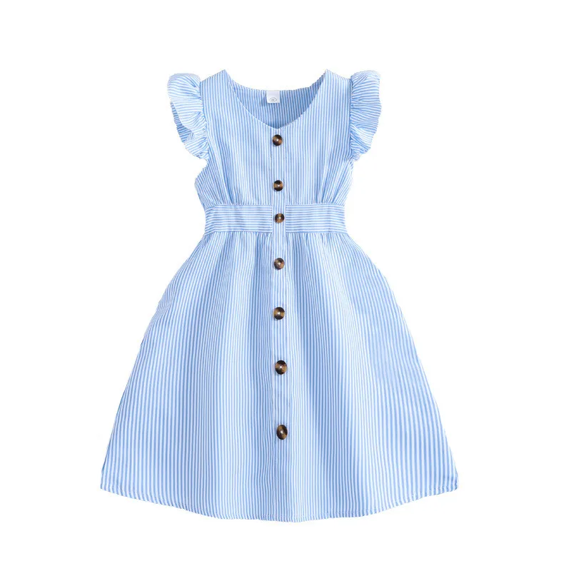 Summer New Light Blue Stripe Ruffled Sleeveless V-Neck Dress Elegant Cute Daily Casual Girl Dress