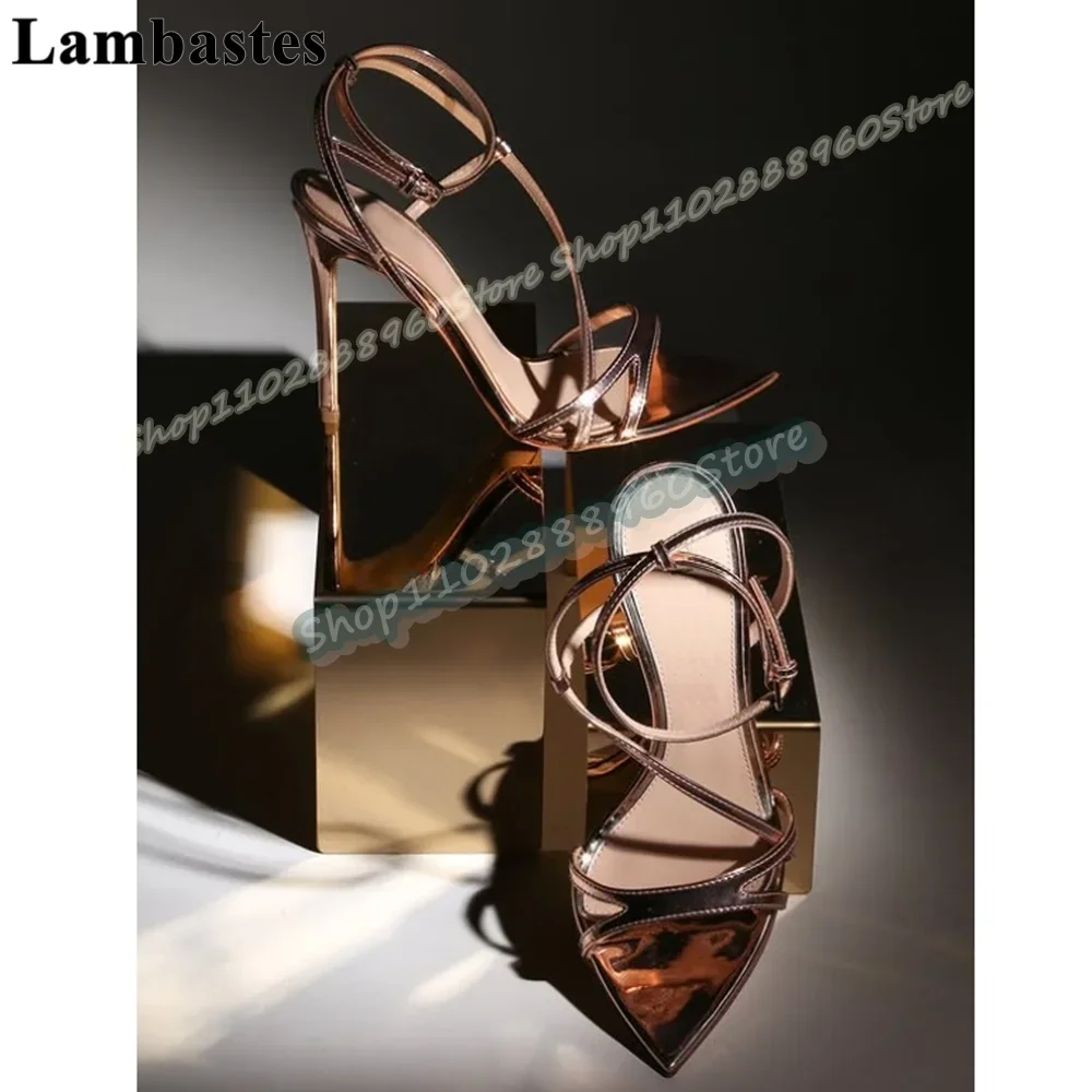

Champagne Glossy Leather Narrow Strip Pointy Sandals Thin High Heel Women Shoes Ankle Buckle Strap Open Toe Luxury Banquet Shoes