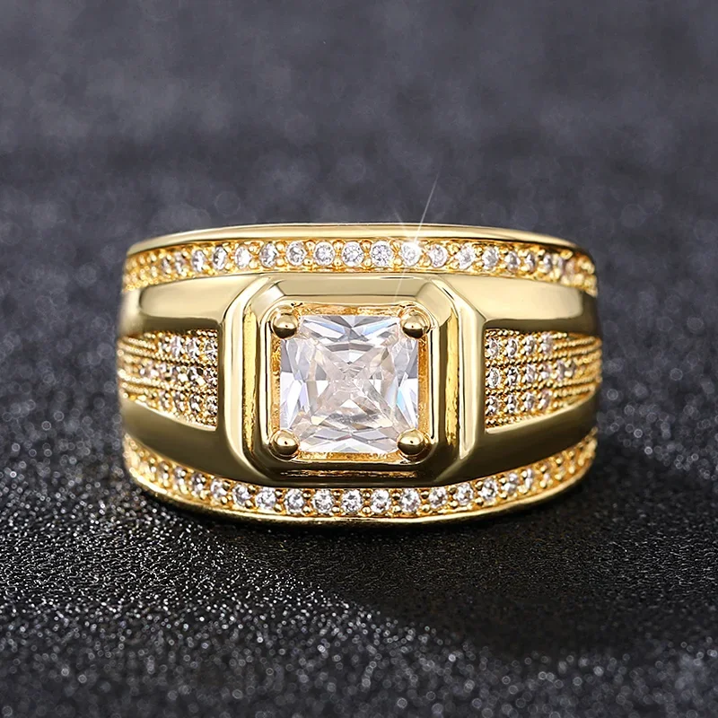 CAOSHI Fashion Gold Color Finger Ring for Men Luxury Bright Zirconia Jewelry for Engagement Ceremony Gorgeous Accessories Gift