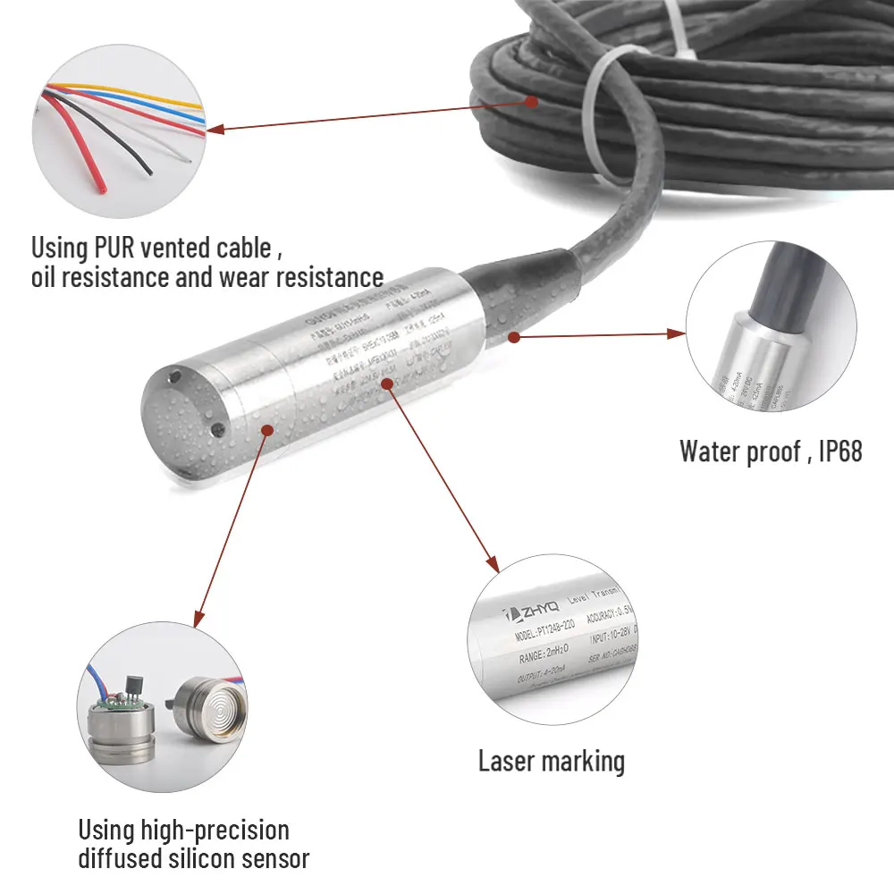 submersible 4-20ma analog liquid water level transducer with high sensitive diffusion chip core