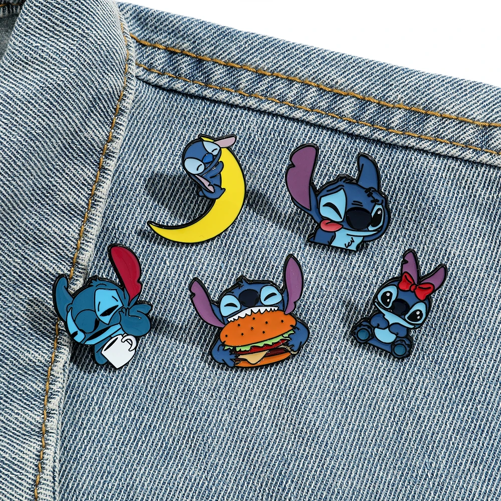 5 Pcs Lilo & Stitch Brooch Fashion Anime Moon Hamburger Stitch Enamel Pin Metal Badge Jewelry Cute Animal Clothing  Accessories