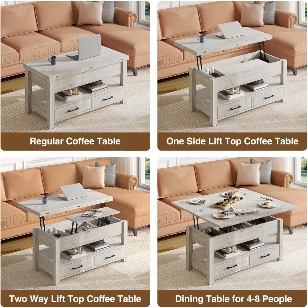 Coffee Table Lift Top, Multi-function Convertible Coffee Table With Drawers And Hidden Compartment, Converts To Dining Table