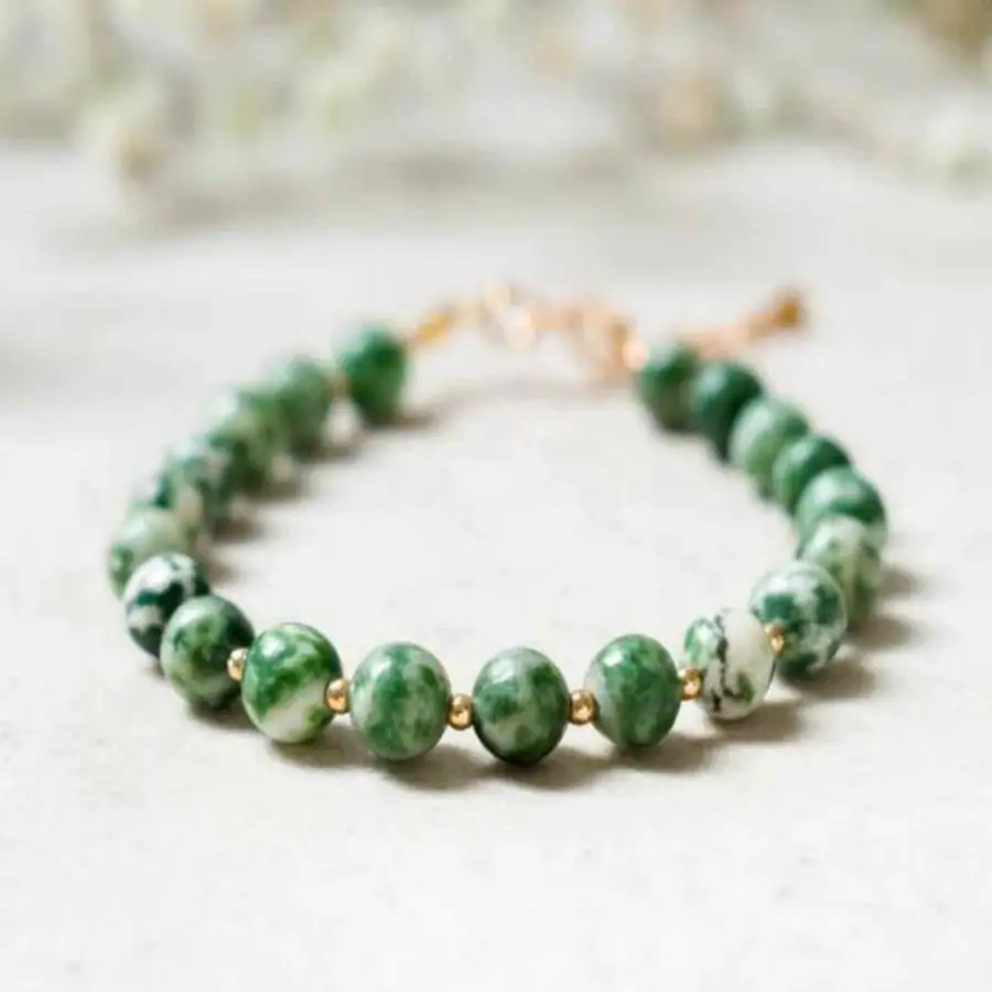 Natural Tree Agate/Green Spot Stone Beaded Bracelet with Gold Spacers & Gold Clasp Calming Healing Crystal Jewelry