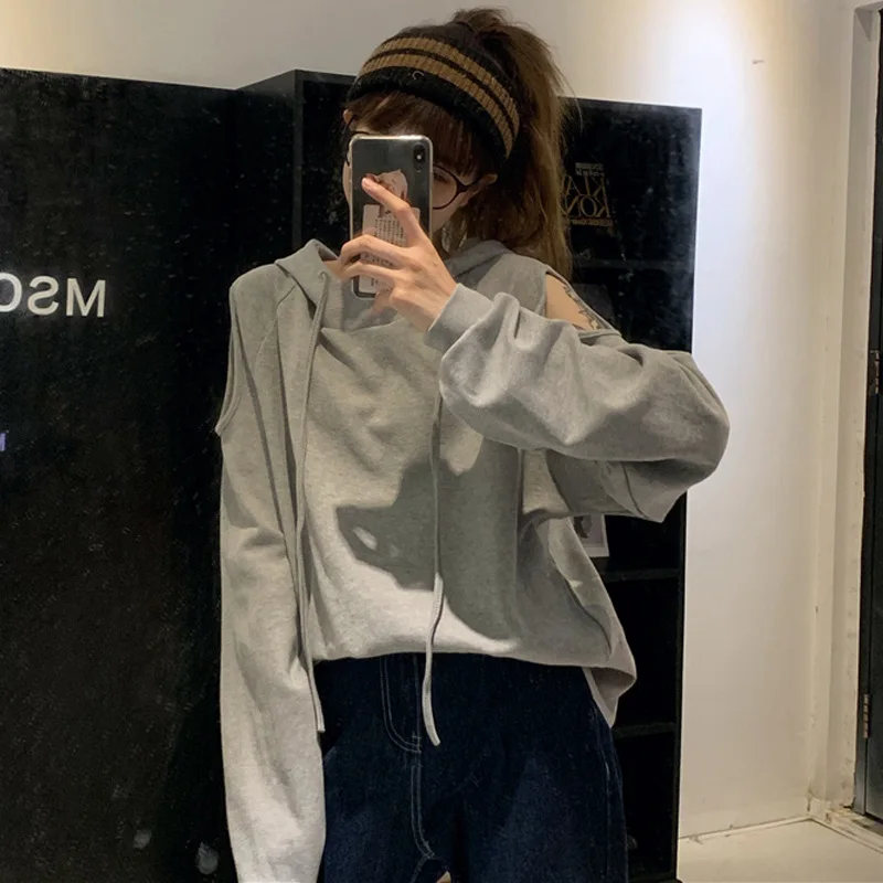 

Новые толстовки с капюшоном, женская одеждаhoujo, длина контрастного цвета, одинаковые французские махровые жаккардовые рваные мягкие домашние костюмы, пот в стиле гранж