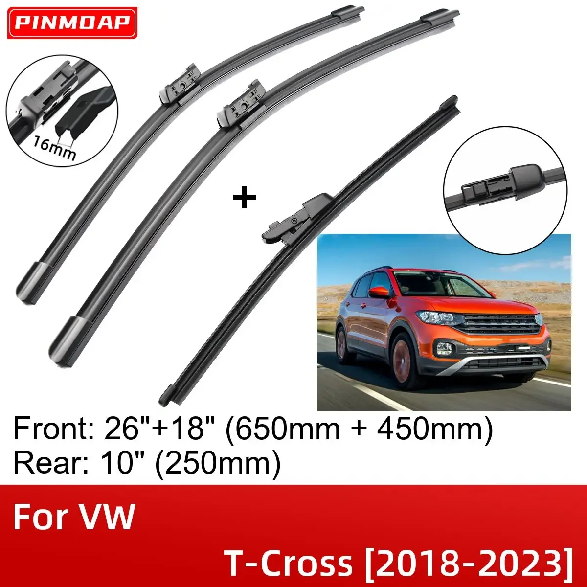 

For VW T-Cross 2018-2023 26"+18"+10" Front Rear Wiper Blades Brushes Cutter Accessories 2018 2019 2020 2021 2022 2023