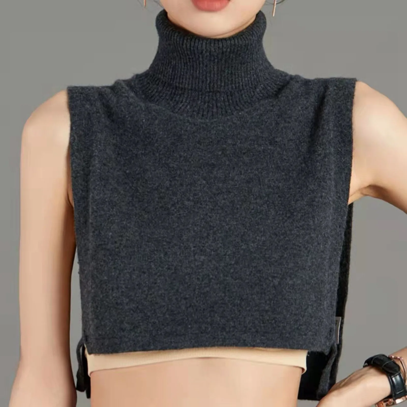 Short Sleeveless Turtleneck Sweater Women Kintted False Collar Fashion Solid Color Loose Pullover Spring Autumn Korean Fashion