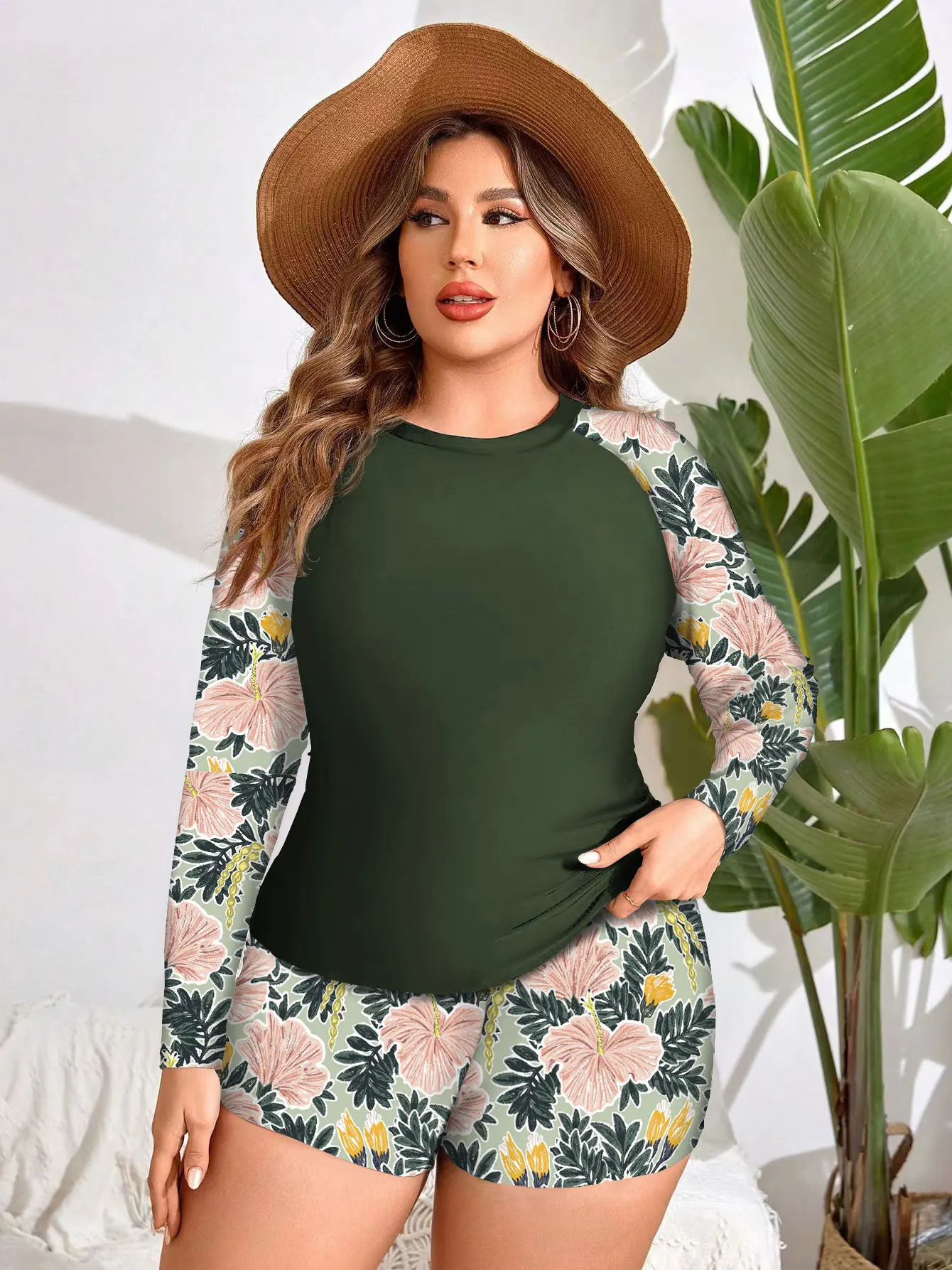 Sexy New Plus Size Long Sleeves Tankini Swimwear Women Solid Printed Boxers Swimsuit Slightly Fat Bathing Suit 2024 Beachwear