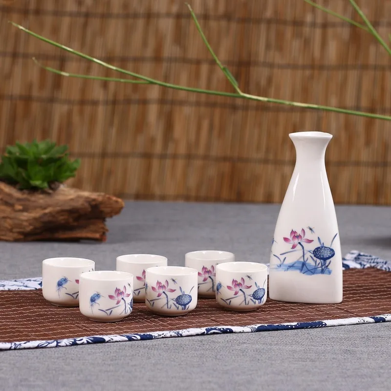 1 Pot 6 Wine Cups Chinese Ceramic Antique Wine Set Gift Box Triangle Ceramic Hip Flask Wine Dispenser White Wine Glass Cups