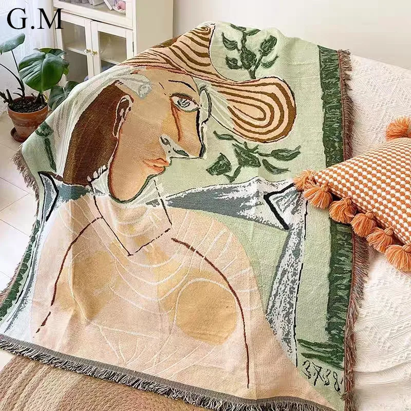 

160x130cm Casual Blankets Vintage Yarn Dyed Oil Painting Women Throw Blanket Wall Tapestry Jacquard Woven Sofa Cover Picnic Mat