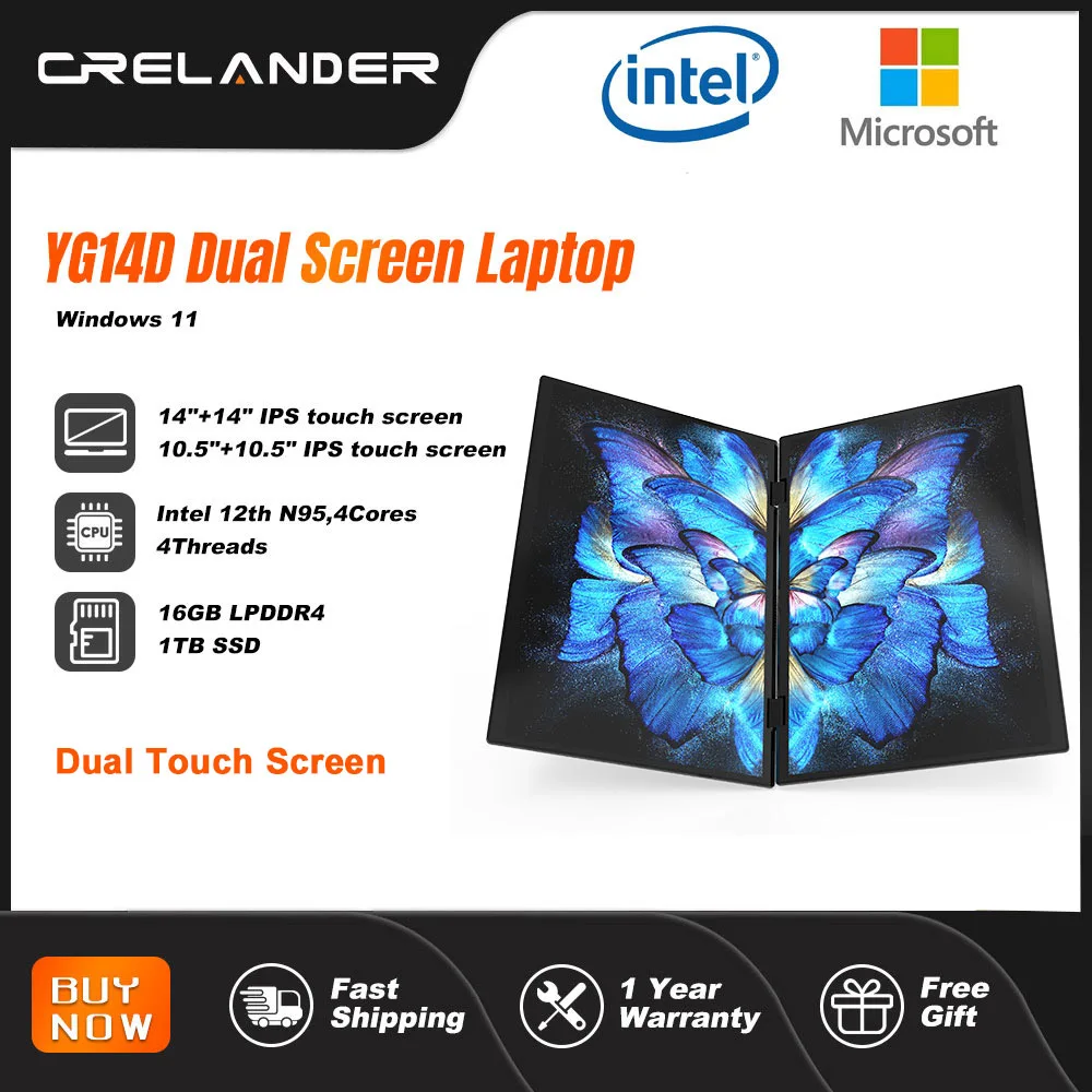 CRELANDER 미니 노트북 14형 2240*1440 듀얼 터치스크린 Intel 프로세서 접을 수 있는 태블릿 Windows11 듀얼 스크린 노트북