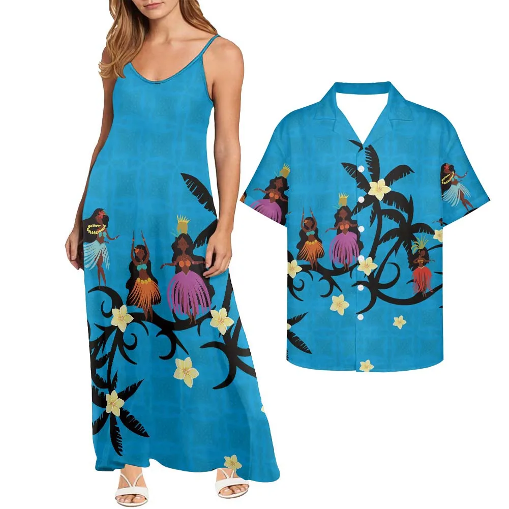 

Hycool New Long Summer Spaghetti Strap Dress Hibiscus Print Royal Blue Sleeveless Polynesian Dress Beach Dresses For Women 2022