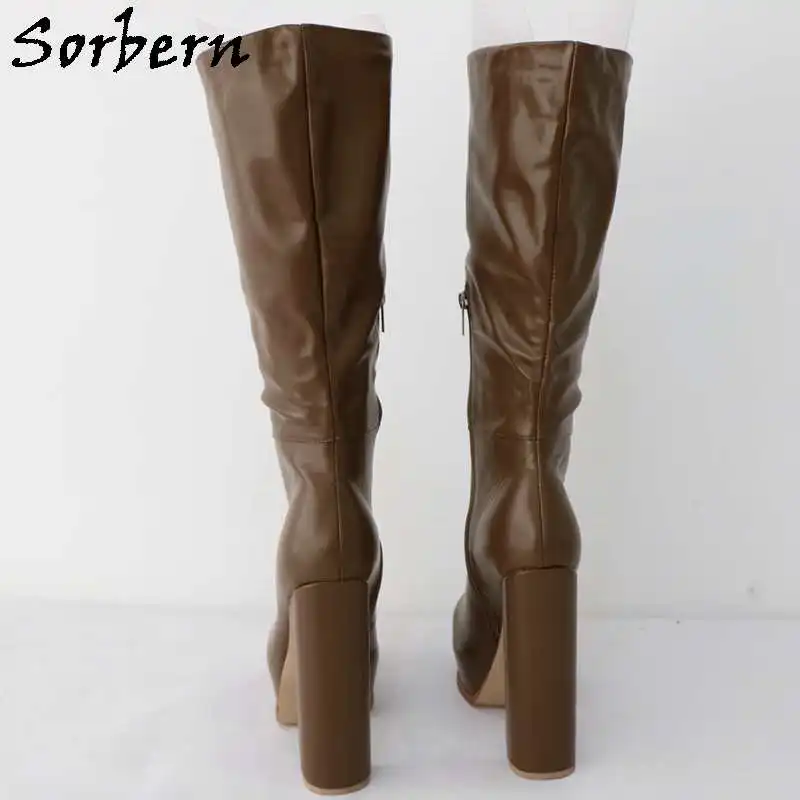 Sorbern Brown Block High Heel Boots For Women Unisex Style Half Zipper Hidden Platform Shoes Round Toe Custom Calf Girth