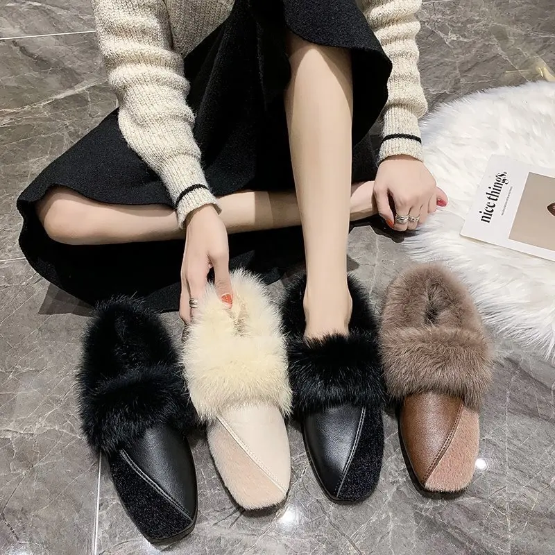 Winter Patchwork square toe fur shoes women fluffy plush flats add cashmere moccasins retro warm rabbit fur loafers woman 2021