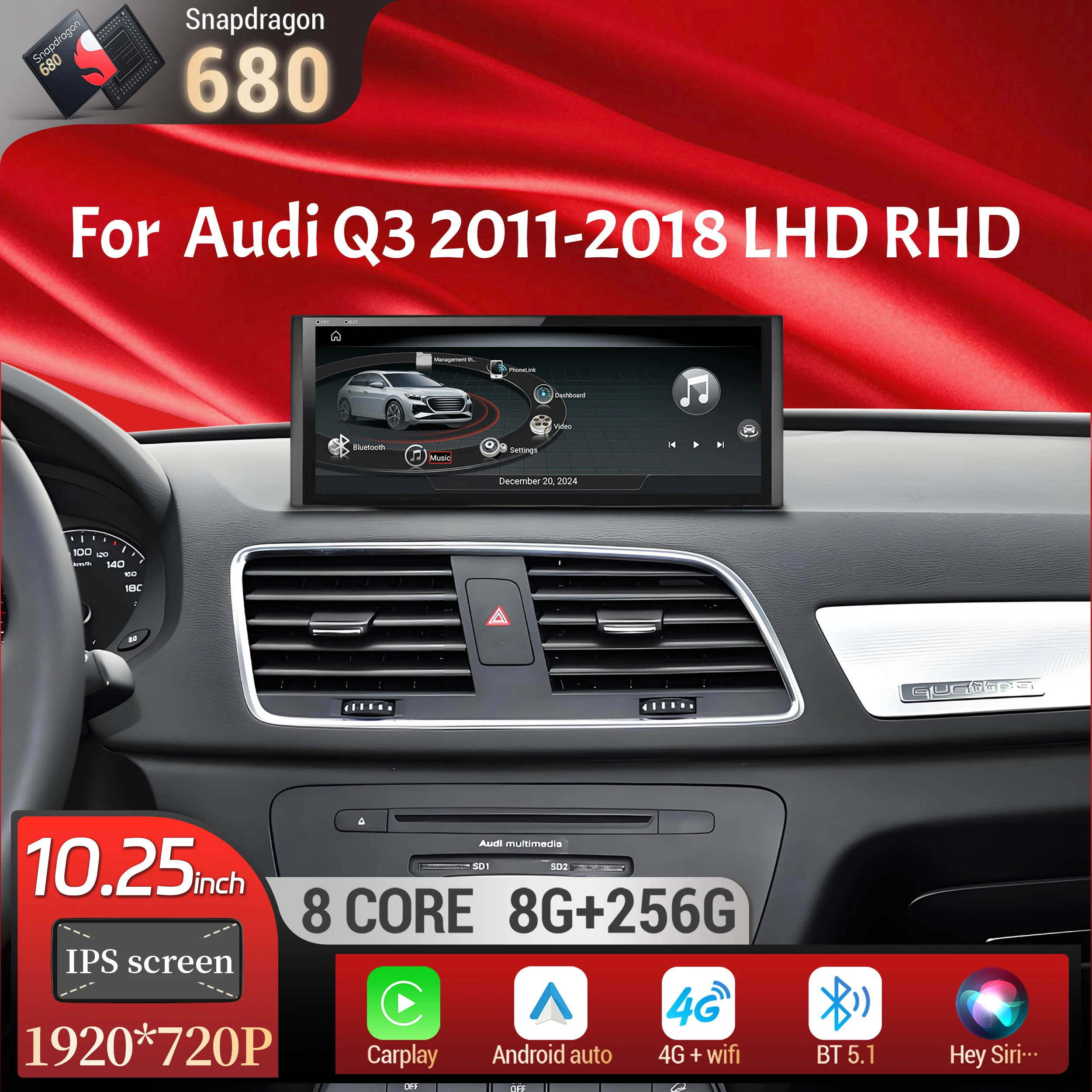 

10.25 inch Android 14 For Audi Q3 2011-2018 Car Radio Wireless Bluetooth Carplay Qualcomm Snapdragon 680 Head Unit Touch Screen