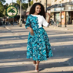 African Outfit for Women Ankara Print O-Neck Three Quarter Sleeve Mid-Calf Dress with Pocket Dashiki Casual Party Dress