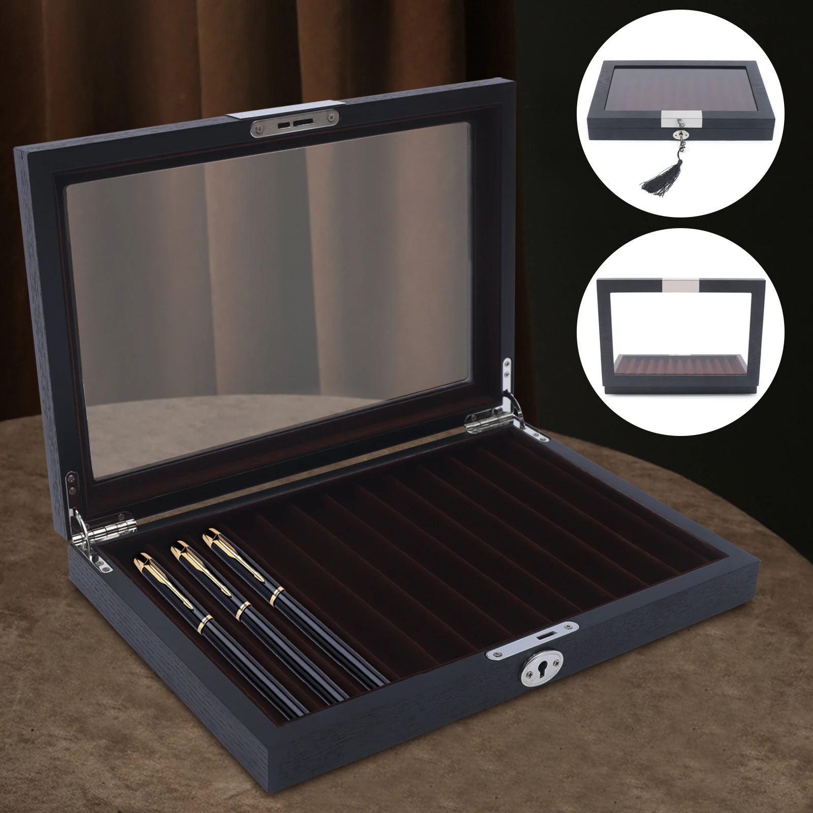 

Деревянный футляр для ручек на 12 слотов, черный, с бархатной подкладкой и замком — прозрачное окошко для просмотра, идеальный подарок для коллекционеров ручек
