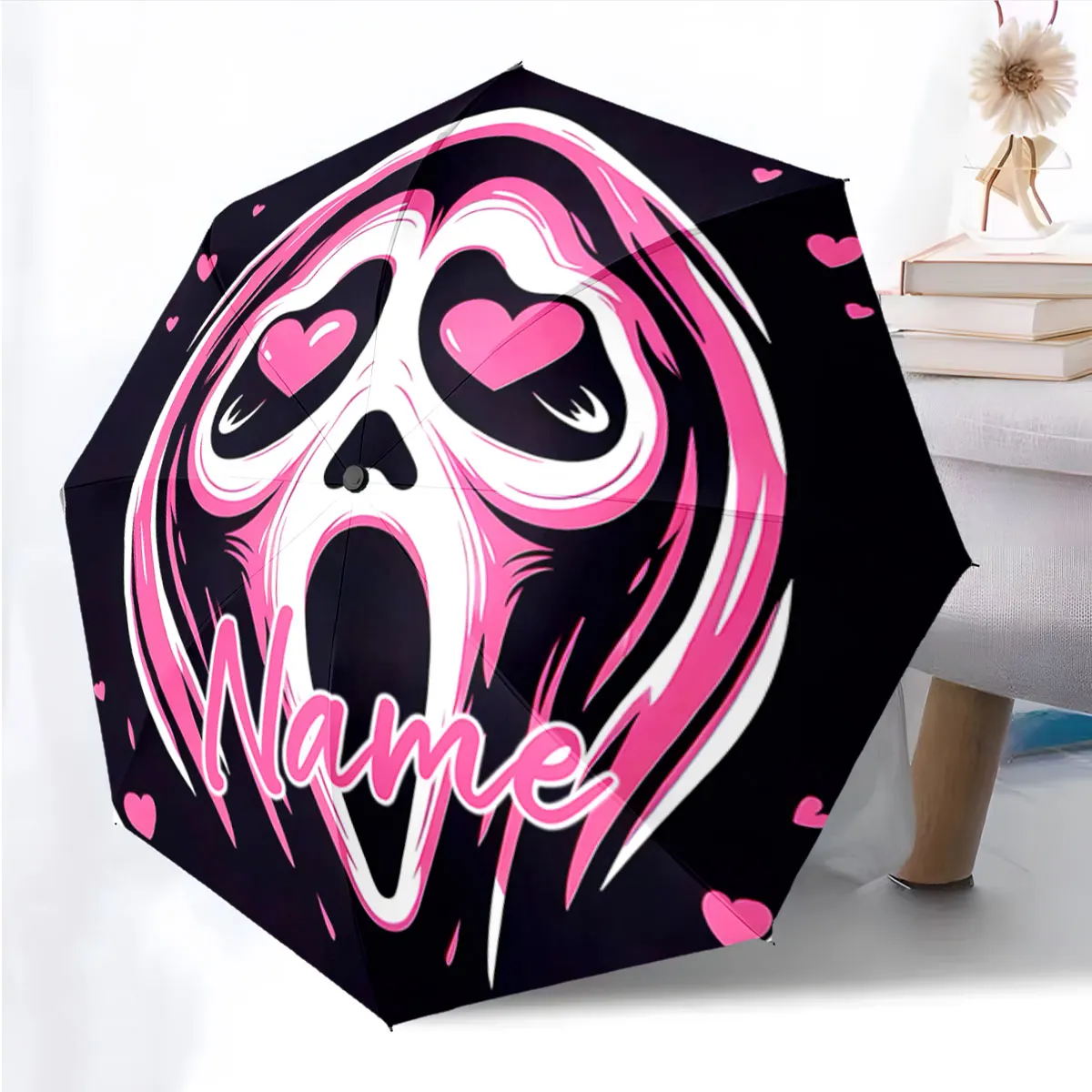 Custom Name Chic Horror-Themed Umbrella with Pink Heart Accents Print 8 Iron Ribs Folding Umbrella Auto-Open Fashion Sunshade
