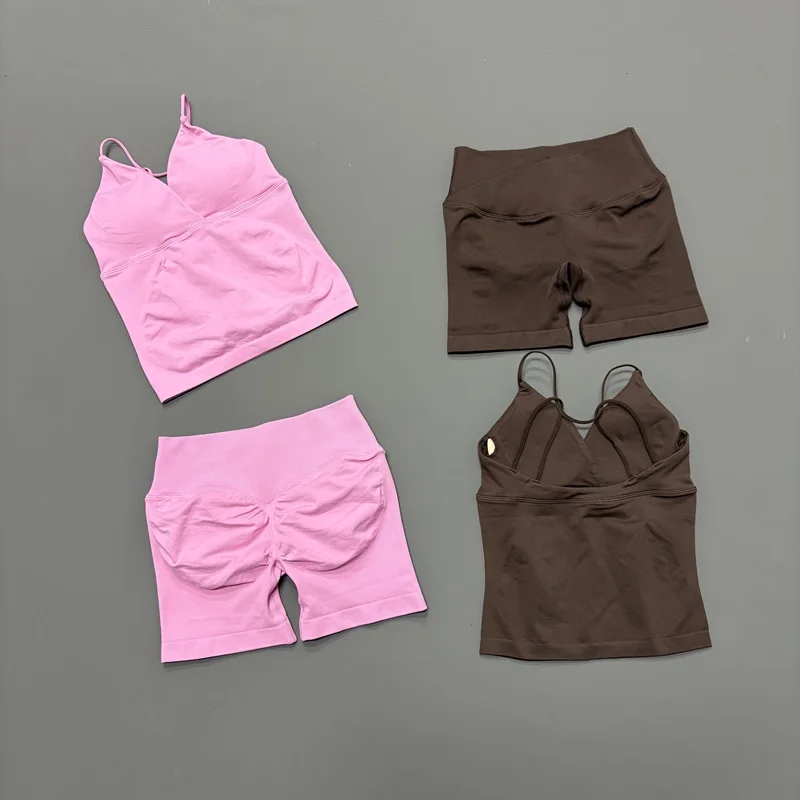 2Pcs Fitness Set Women Seamless Twist Front Longline Top Sets Quick Dry Scrunch Booty Shorts Suit Gym Pilates Workout Sports Set