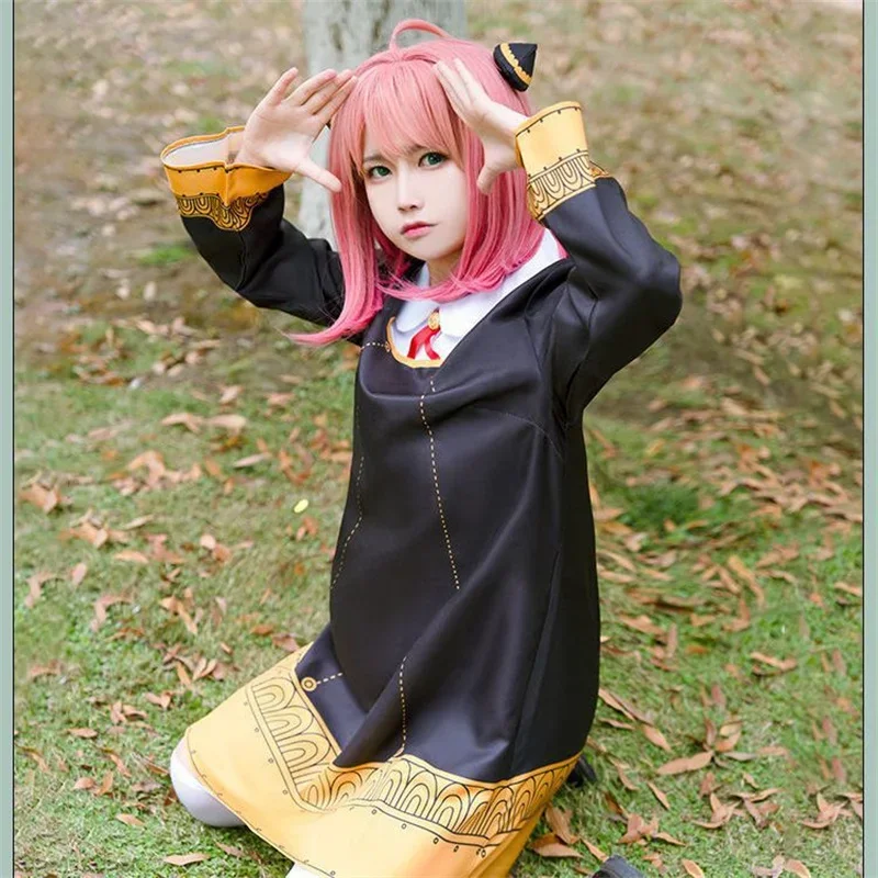 Disfraz de Anime spy X family Anya forger para niños y adultos, vestido negro Kawaii para niñas y mujeres, peluca rosa, trajes de juego de rol para fiesta