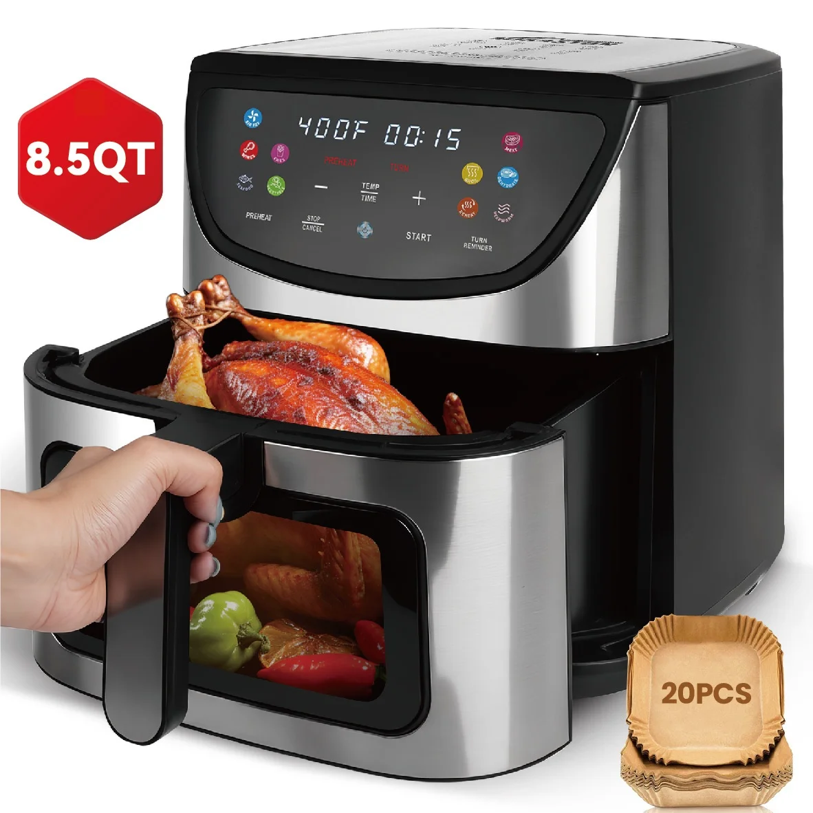 8.5 Quart Air Fryer with Smart Touch Display – Large-Capacity Kitchen Appliance for Family Meals, 10 One-Touch Preset Programs, Non-Stick Interior for Simple Cleanup, Includes Useful Cooking Accessories, Versatile Use for Baking, Roasting, Reheating & Mor