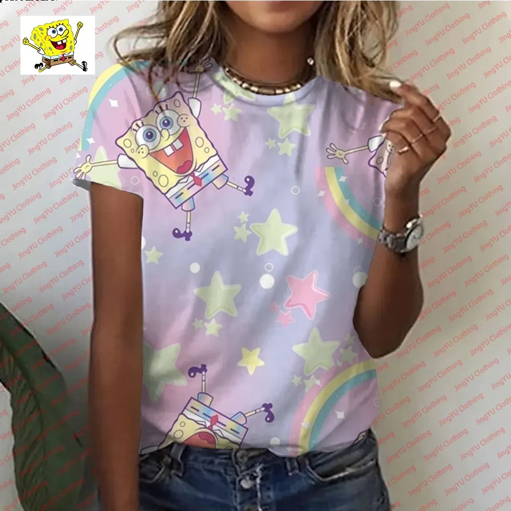 Camiseta informal de manga corta para mujer, Camiseta cómoda de dibujos animados de Bob Esponja, camiseta de dibujos animados, nueva moda de verano 2024