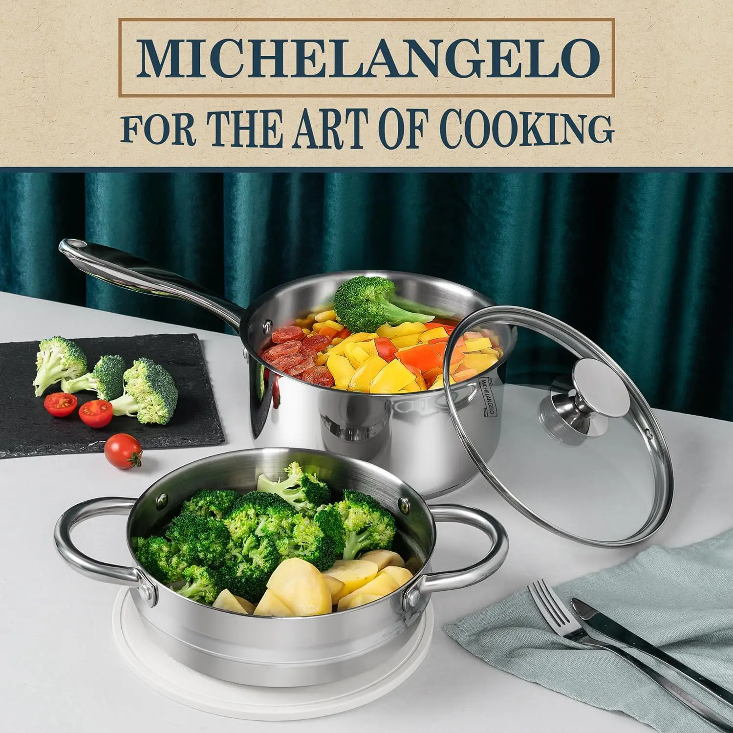 

Кастрюля/кастрюля из нержавеющей стали MICHELANGELO 304 с набором пароварки, подходит для всех плит и духовок, можно мыть в посудомоечной машине