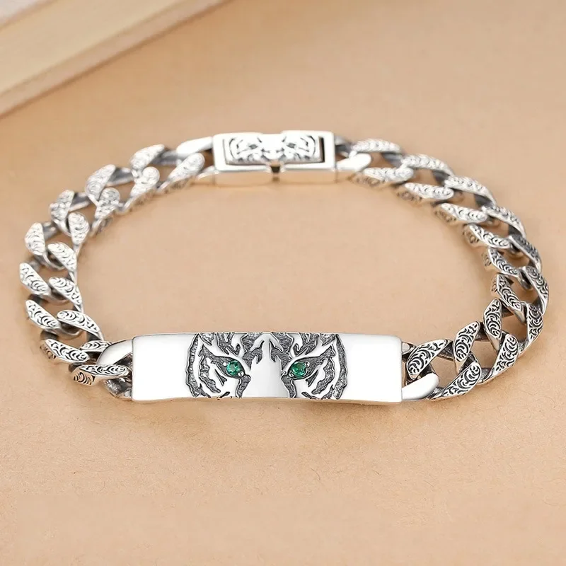 925 Silver charm Couple Style Chain Bangles Hip-Hop Style Tiger Pattern Cuban Glossy Green Zircon Bracelet for Men Jewelry