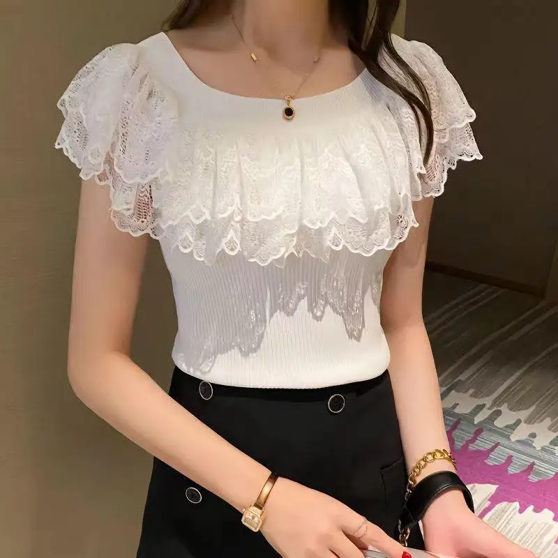 Casual Summer Lace Tops T-shirts Women 2024 Fashion Elastic White Black Purple Top Sexy Ladies Kawaii T Shirts Korean Clothes