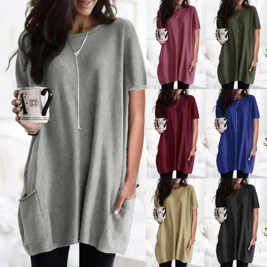 

Spring 2023 Women's Casual Short Sleeve T-Shirt with Pocket Comfortable Loose Fit Wool Blend Mid-Length Dress for Travel