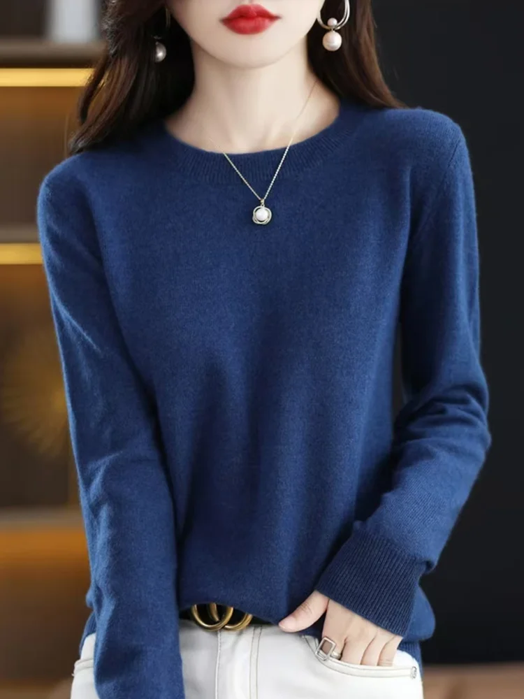 

Fashion 100% Merino Wool Sweater Elegant Cashmere Pullover Women O-Neck Long Sleeve Knitwear Basic Clothing Jumper Tops 2025