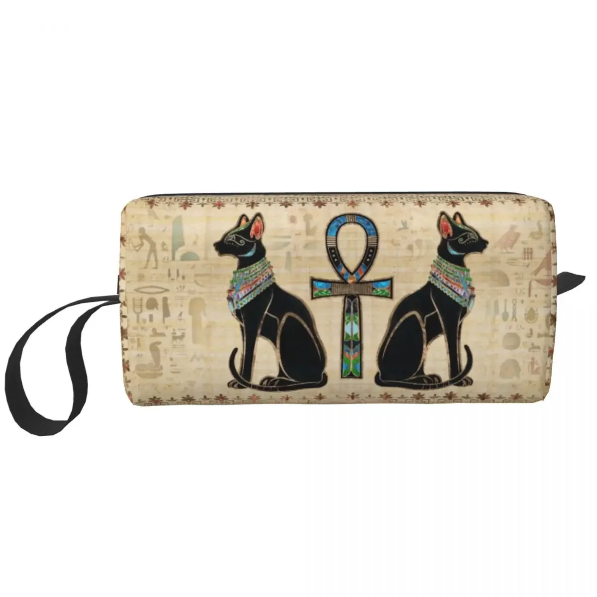 Egyptian Cats And Ankh Cross Cosmetic Bag Women Fashion Large Capacity Ancient Egypt Makeup Case Beauty Storage Toiletry Bags