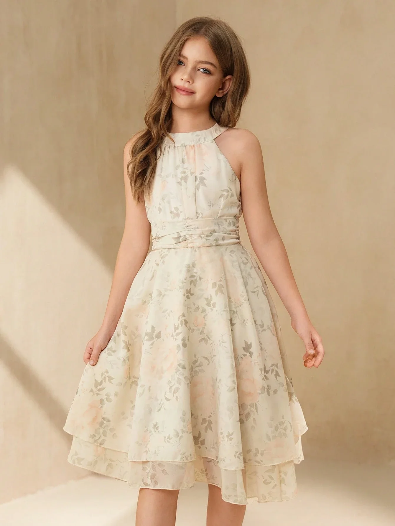 

Elegant Floral Sleeveless Halter Neck A-Line Dress For Women