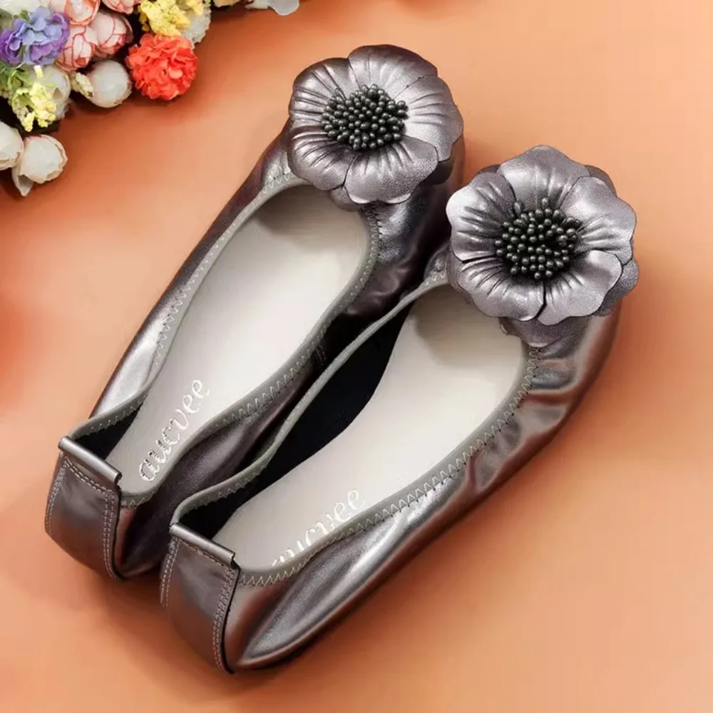 2024 New Summer Women Cutouts Genuine Leather Shoes Comfortable Flower Flats Nurse Casual Handmade Ballet Flats Gold Silver