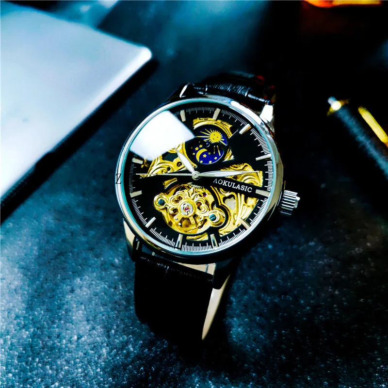 ساعة رجالية مجوفة من الأسفل ميكانيكية أوتوماتيكية بالكامل مرحلة القمر ساعة رجالية جلدية كاجوال #3