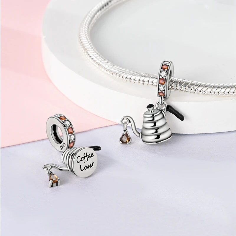 Precious 925 Sterling Silver Beer Cans & Coffee Cup & Pot Dangle Charm Fits Pandora Bracelet Cute Drink Type Jewelry Accessories