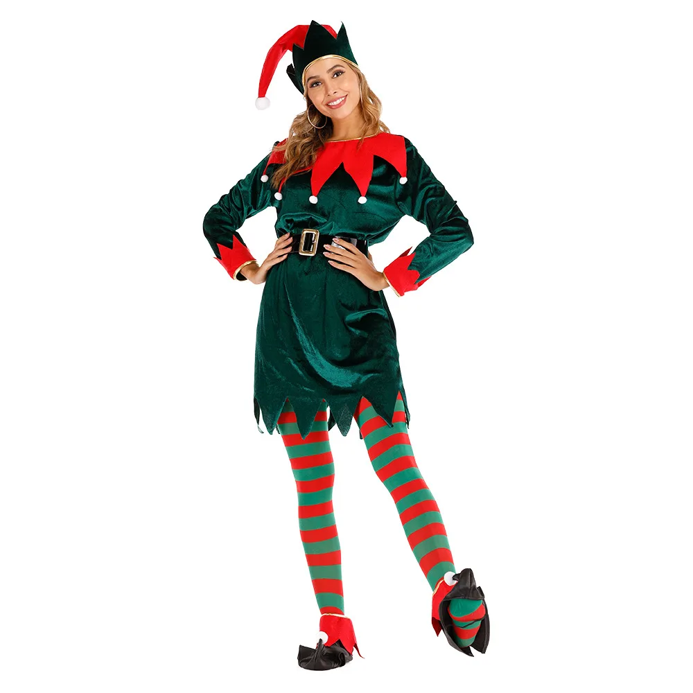 Trajes de vestido de elfo de Navidad para mujer, disfraz de Cosplay de Navidad, conjuntos de trajes de fiesta de Bar verde, vestidos de actuación escénica para vacaciones de Navidad