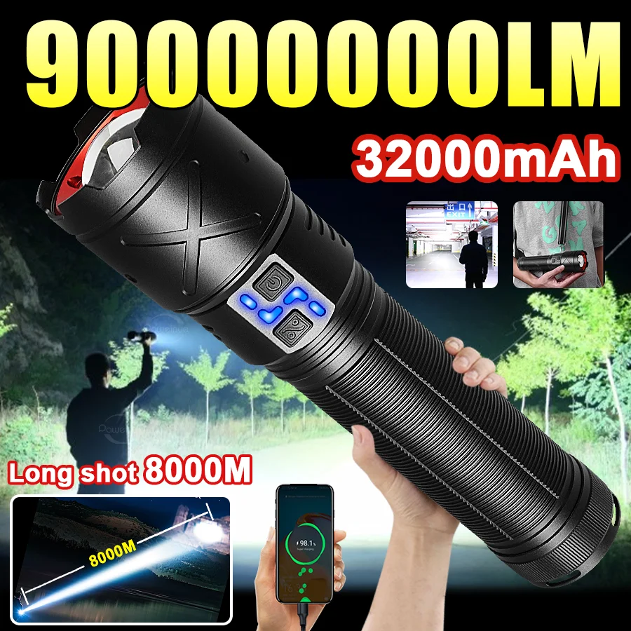 

Новый ультраяркий светодиодный фонарь 2026 года с зумом, дальность 8000 м, USB-перезаряжаемый тактический фонарь для рыбалки, кемпинга и работы