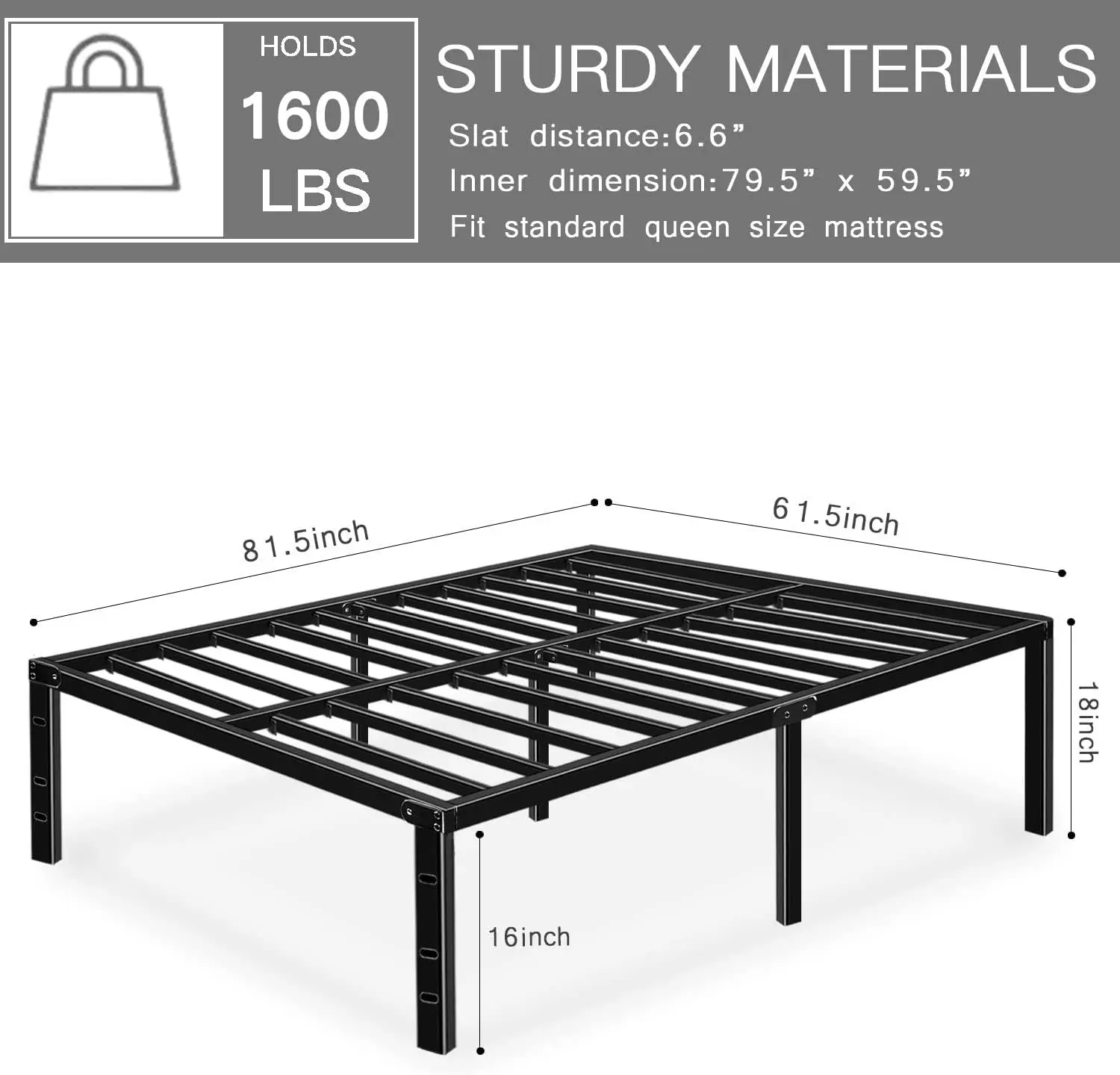 Queen Bed Frame 18 Inch Hoog Bedframe Hoog Geen Boxspring Nodig Met Opslag Metalen Platform Grootte