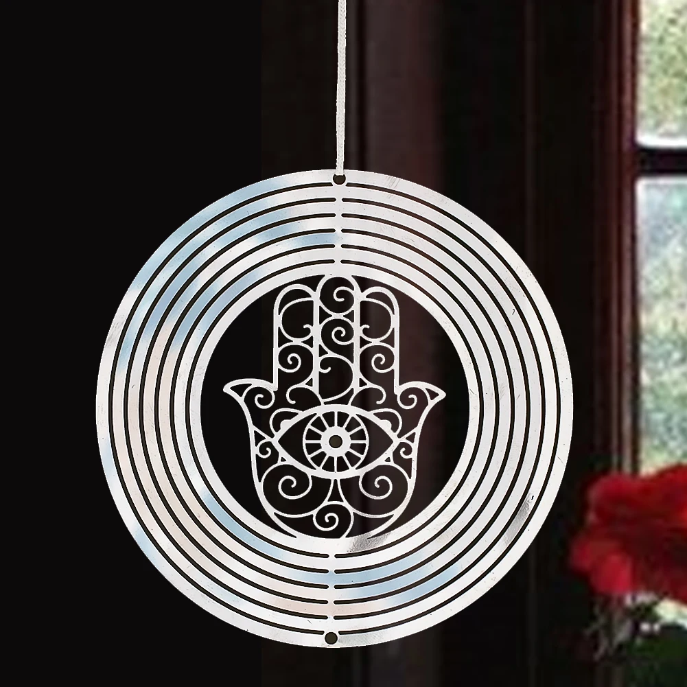 Hamsa Fatima Wind Spinner Hanging Mirror Stainless Steel 3D Whirling Flowing Wind Chimes Amulet Turkish Eye Yard Garden Decor