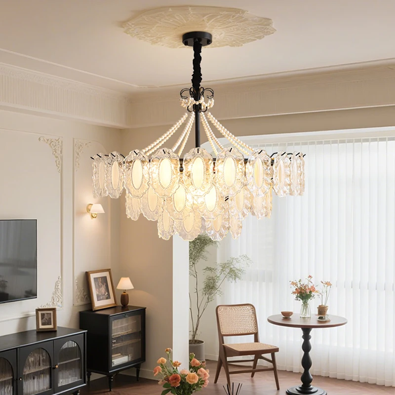 프랑스 레트로 진주 유리 샹들리에 북유럽 럭셔리 크리스탈 펜던트 조명 포스트 모던 거실 식탁 조명 장식