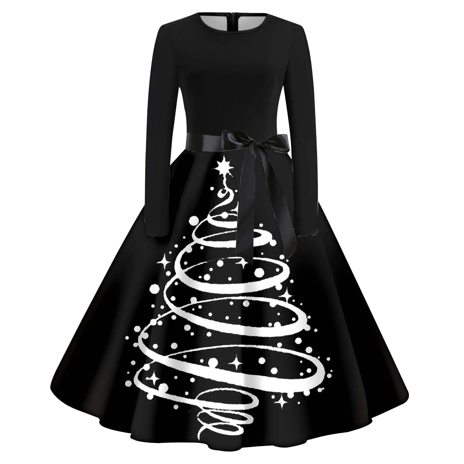 Women's Dress Round Neck Long Sleeve Xams Tree Printed Vintage Swing Dresses Christmas Cocktail Prom Party Dress Female Clothing