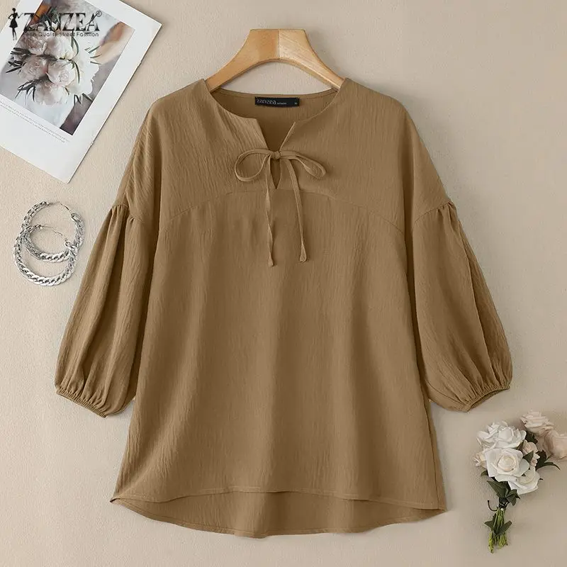 

ZANZEA модные топы женские однотонные блузки с пышными рукавами повязки повседневные рубашки элегантные офисные женские уличные Blusas Feminins винтажные