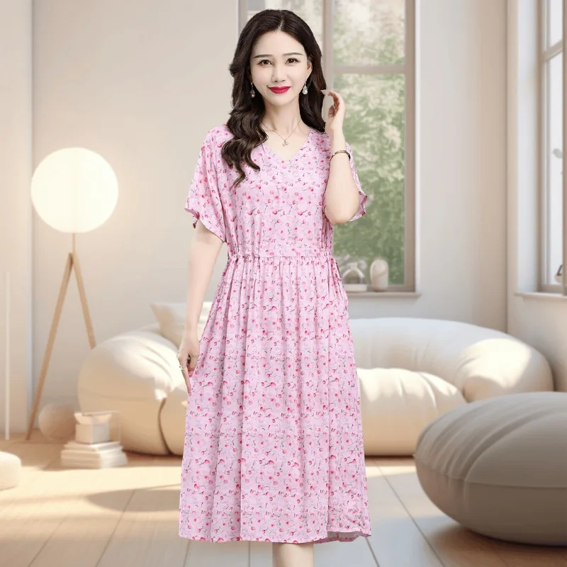Cotton Silk Floral Dress Women's New Summer Temperament V-neck Waist Slimming Large Size Rayon Cotton Long Skirt Cool Nightgowns