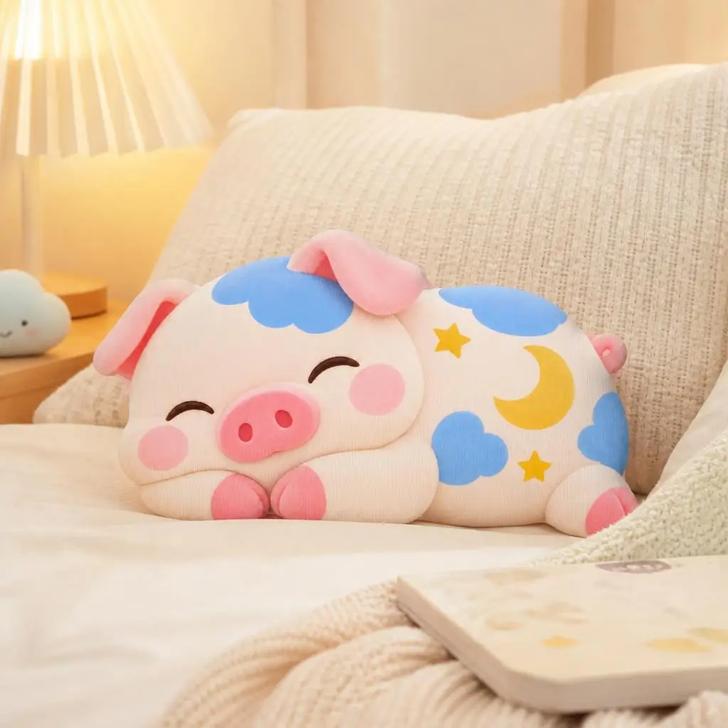 Sleeping Pink Pig Shaped Pillow Cute Moon and Stars Stuffed Animal Cushion Pig Throw Pillow for Sofa Bedroom Home Decor Gift